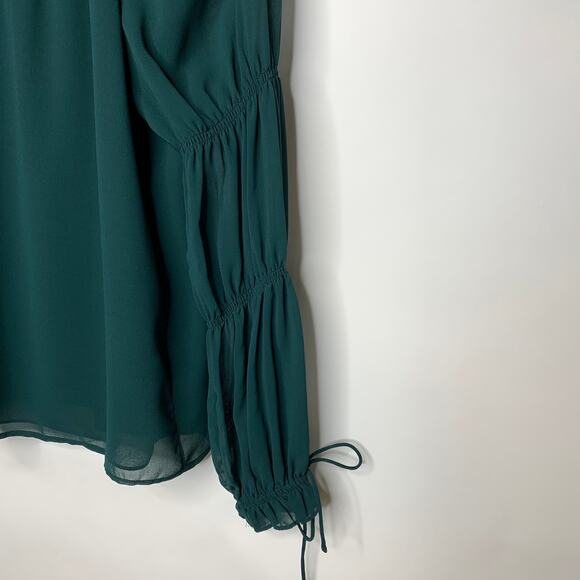 Dark Green Chiffon Blouse Gathered Bishop Sleeves Sz Medium - Picture 9 of 11
